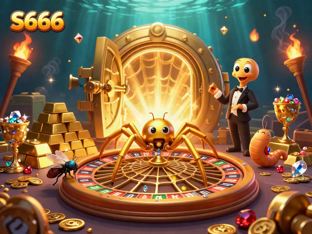 S666's luxurious casino scene depicts a golden spider croupier, spinning roulette webs as players bet in a dazzling environment.