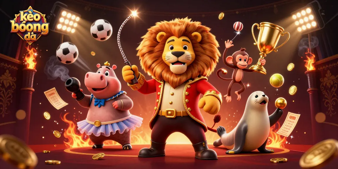 Bet on kèo bóng đá as sports characters bring excitement to betting with golden trophies and dynamic sports elements.