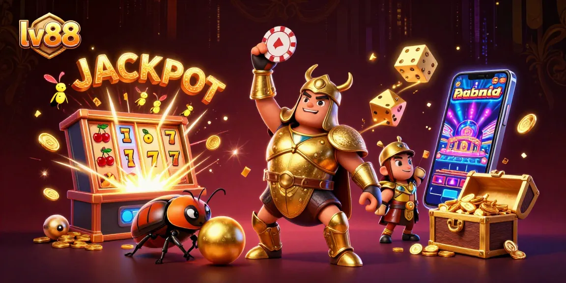 Engage with lv88's thrilling casino games featuring a victorious hercules beetle and jackpot symbols.
