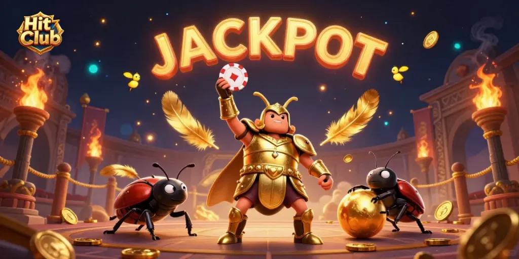 Experience the excitement at Hit Club with a victorious beetle in golden armor celebrating a poker win.