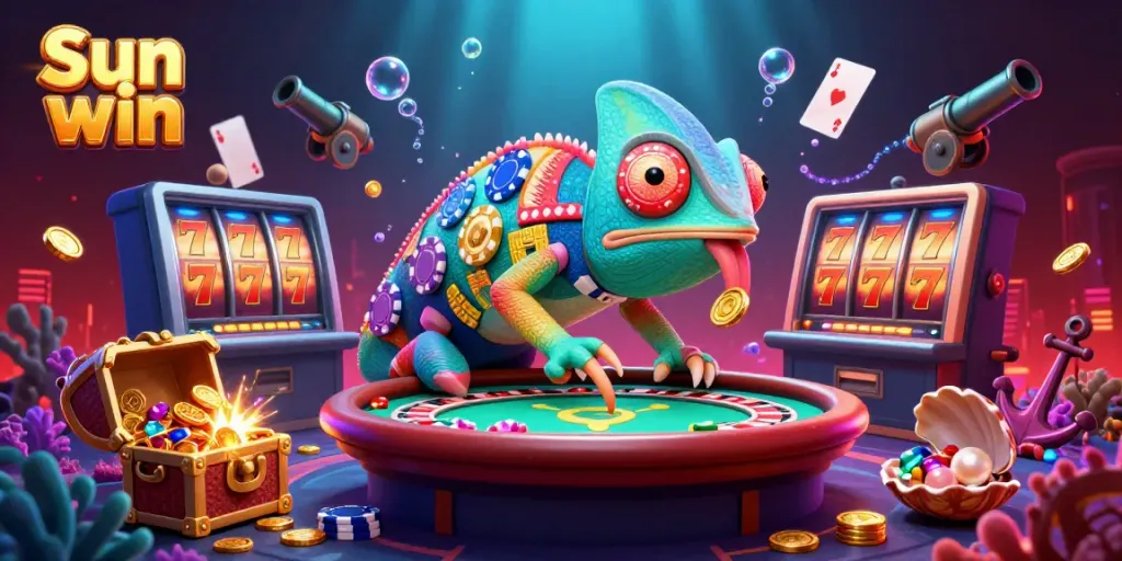 Engage in vibrant slots action with Sun win, featuring animated chameleon character and colorful casino elements.