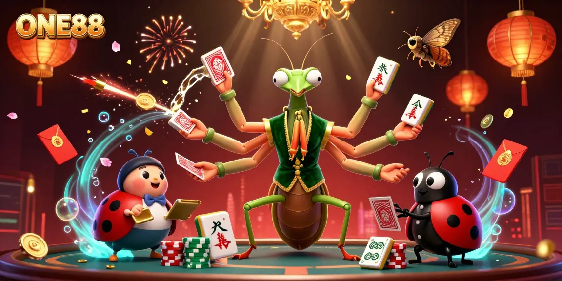 Engage with ONE88's thrilling casino atmosphere featuring a giant mantis card sharp and ladybug pit boss.