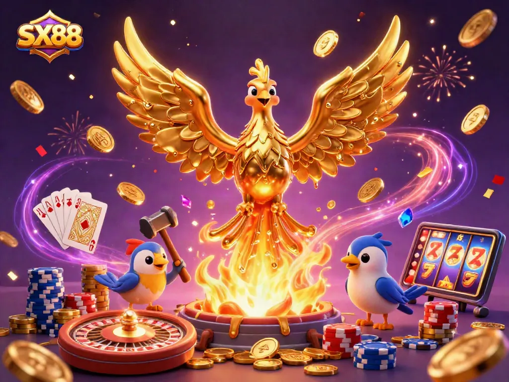 SX88 brings excitement alive with a dynamic casino scene featuring a phoenix and golden treasures.