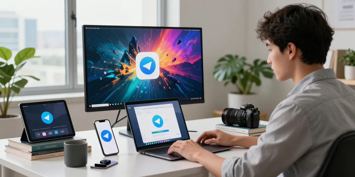 Download Telegram app on a sleek workspace with tech gadgets and modern accessories.