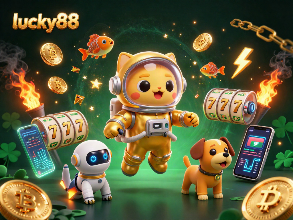 Spin to win with lucky88 in a vibrant cosmic slot adventure, featuring a space cat and robot dog.