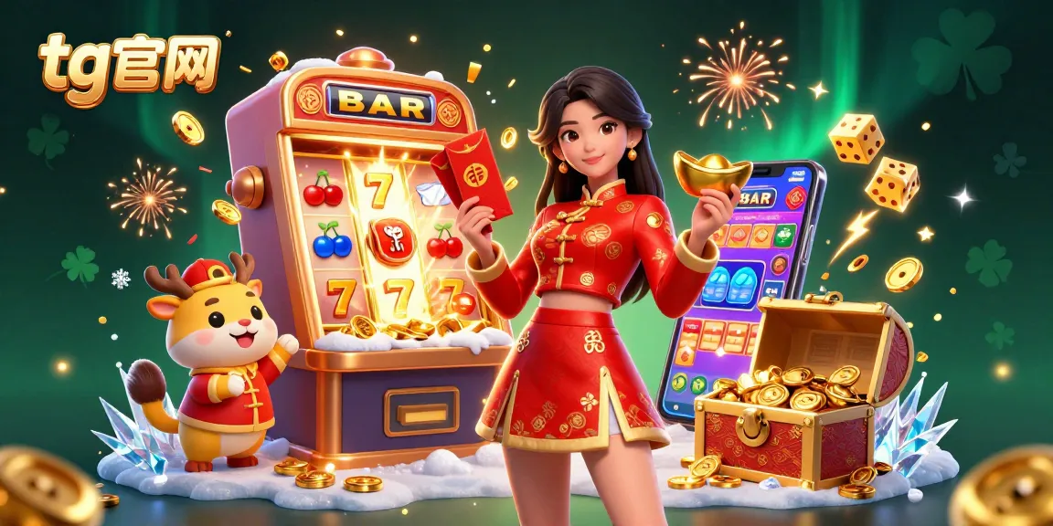 在tg官网转动卷轴，活力四射的角色庆祝农历新年，伴随着巨额奖金的爆发和获胜符号。