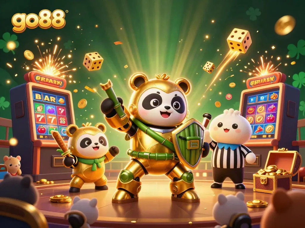 Experience the thrilling action at go88 with a golden panda robot battling in a vibrant casino arena.