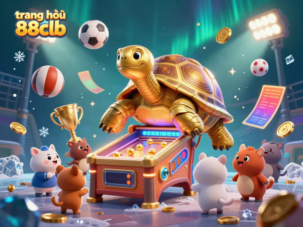 Engaging scene illustrating trang chủ 88clb with a golden tortoise pinball machine and celebratory sports elements.