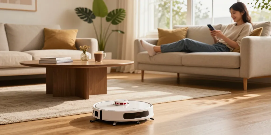 Robot vacuum 2026 navigating hardwood floors in a cozy living room, showcasing modern home cleaning technology.