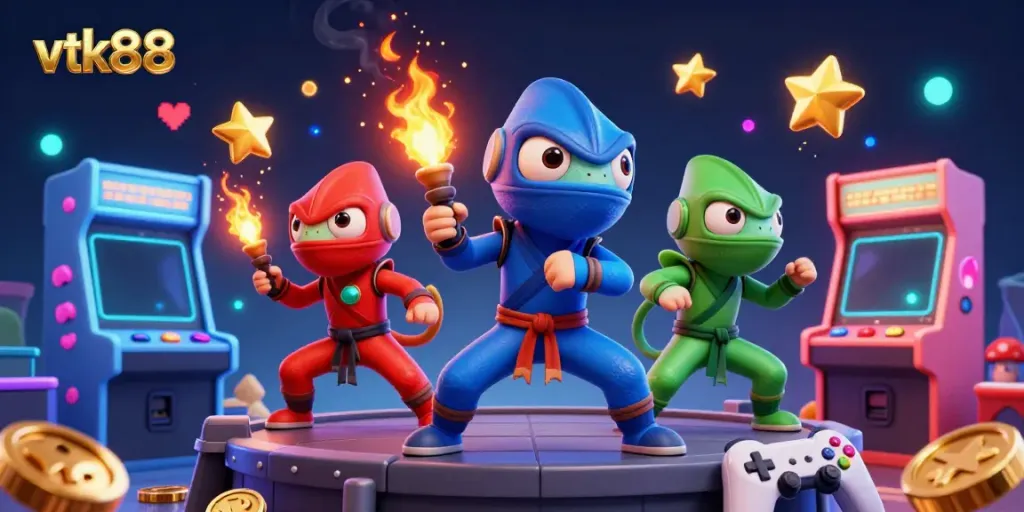 Experience thrilling gaming action with vtk88 as chameleon ninjas perform in a vibrant casino scene.