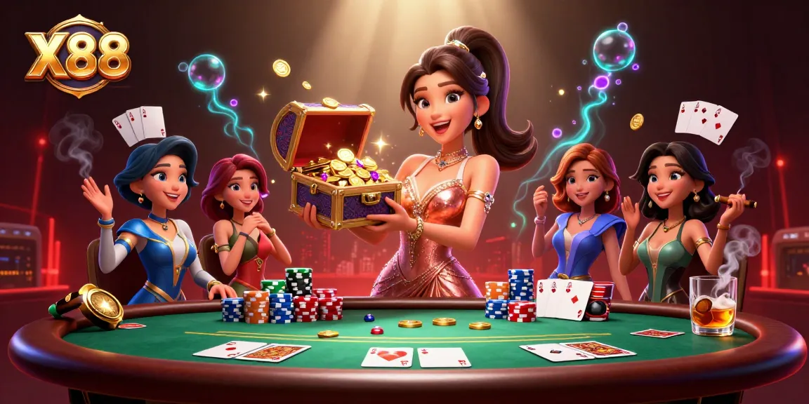 X88 showcases excitement with a gorgeous Asian woman presenting a treasure chest in a vibrant casino scene.
