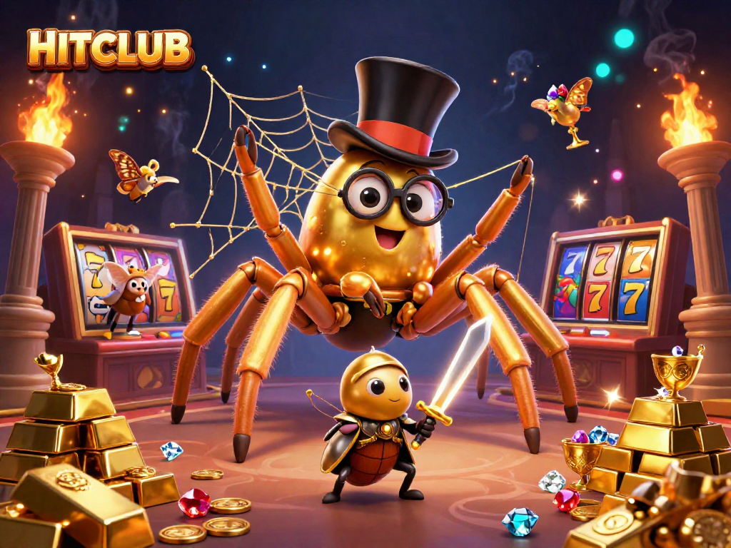 Engage in epic wins at HITCLUB with gold treasures and vibrant casino elements in this 3D illustration.