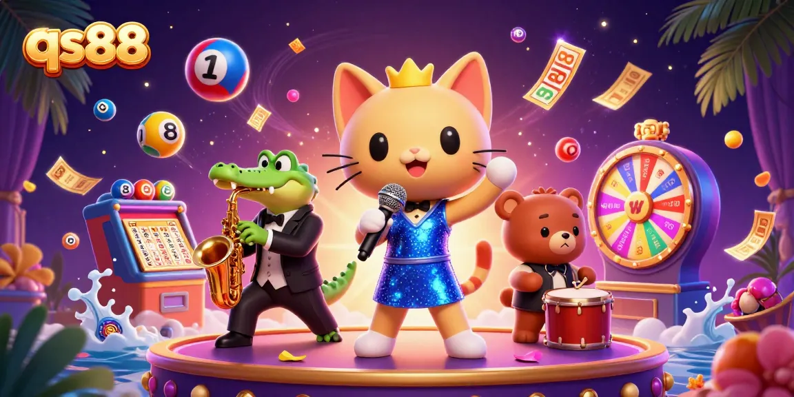 qs88 captivates players with vibrant 3D casino illustration featuring jazz-singer cat and exciting lottery elements.