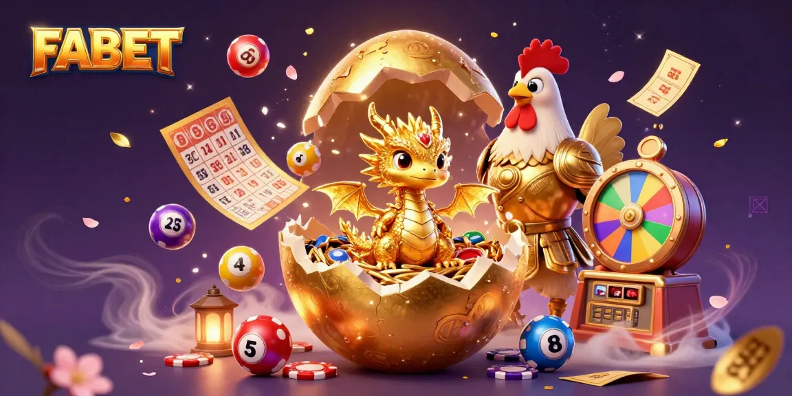 Engage with FABET's vibrant lottery scene, featuring a golden dragon amidst lively gaming elements, capturing the thrill of gambling.