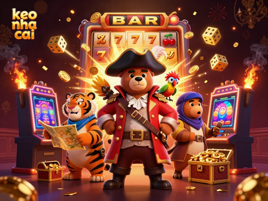 Experience keo nha cai action with a cartoon bear captain, tiger first mate, and thrilling casino elements.