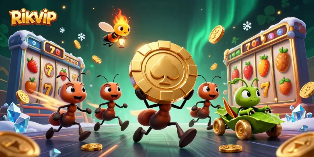 RIKVIP slots heist scene featuring animated ants carrying a giant poker chip with dynamic slots elements