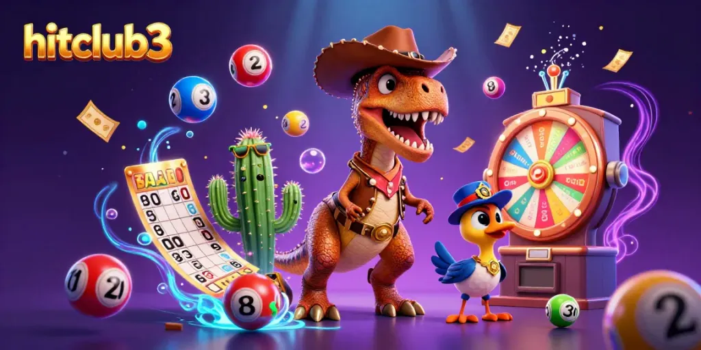 Experience thrilling gameplay at hitclub3 with an exciting 3D cartoon casino scene featuring a T-Rex and vibrant gaming elements.