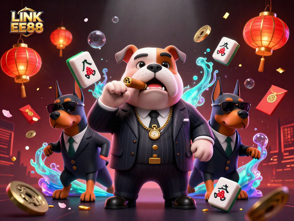 Experience the thrill of LINK EE88 with a dynamic casino-themed illustration featuring a mafia boss and bodyguards.
