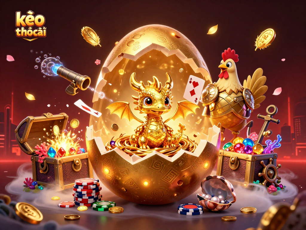 Engage with the vibrant kèo nhà cái scene showcasing a golden baby dragon on poker chips amidst treasure and magical elements.