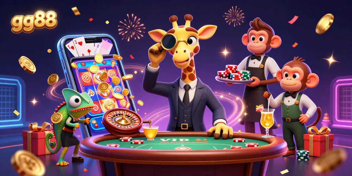 Engage in thrilling gameplay at gg88 with a high-roller giraffe, monkey valet, and chameleon bartender amid vibrant casino elements.