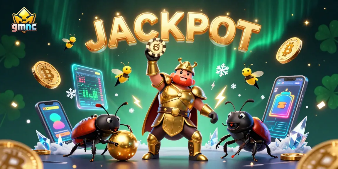 Engage with gmnc's victory in casino gaming, celebrating winnings with vibrant characters and crypto elements.
