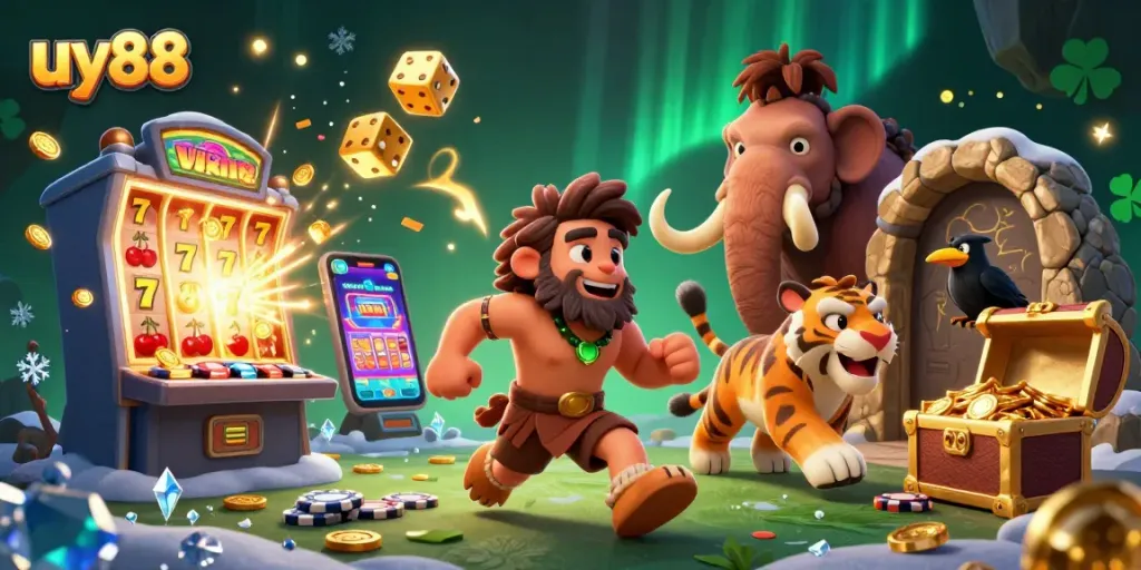Experience exhilarating gameplay at uy88 with a vibrant casino scene featuring dynamic characters and exciting slot machines.