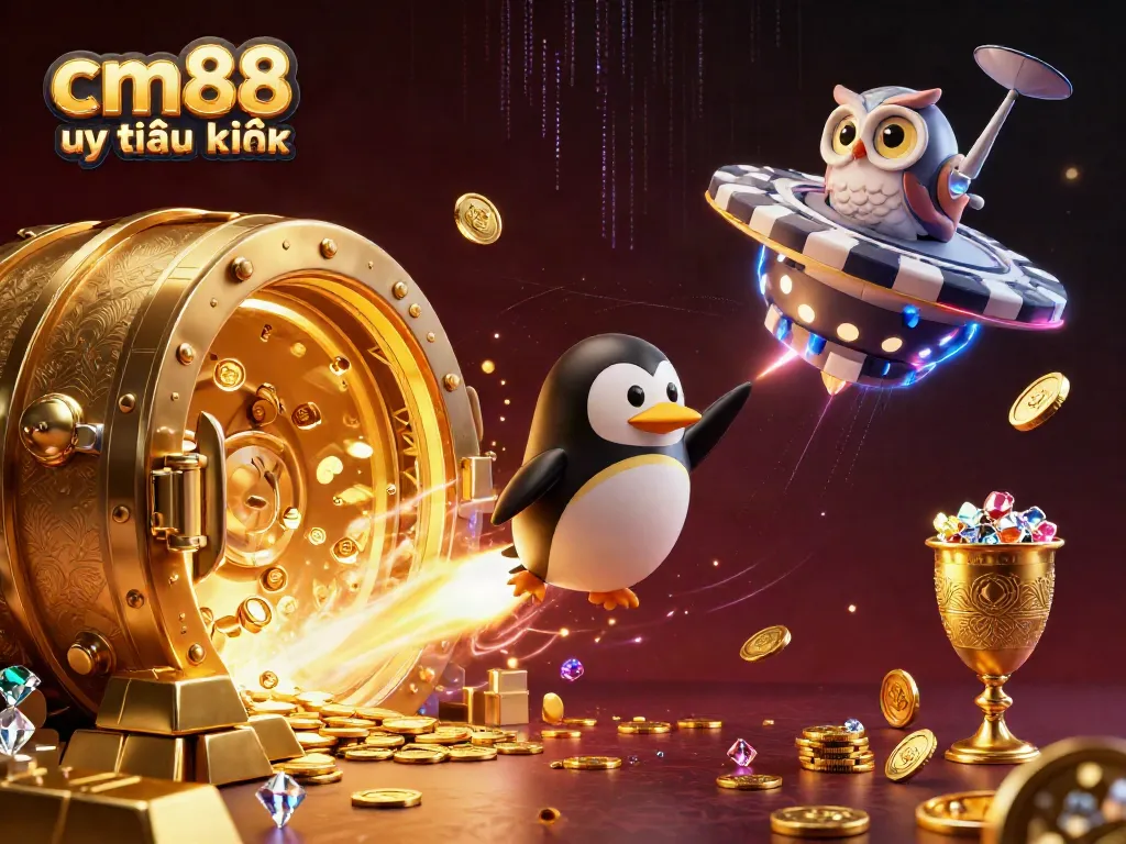Engage with cm88 uy tín không as the golden penguin blasted towards a casino space station, surrounded by treasures.