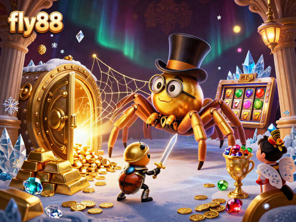 Experience fly88's exciting world of casino adventure with cartoon characters and shimmering treasures.