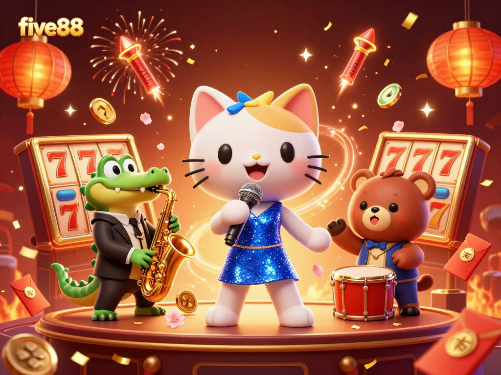 Experience thrilling entertainment at five88 with a vibrant scene of characters and casino elements.