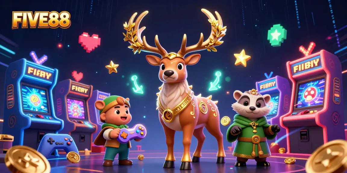 Experience the thrill of FIVE88 with vibrant gaming characters and casino elements pulsing with excitement.