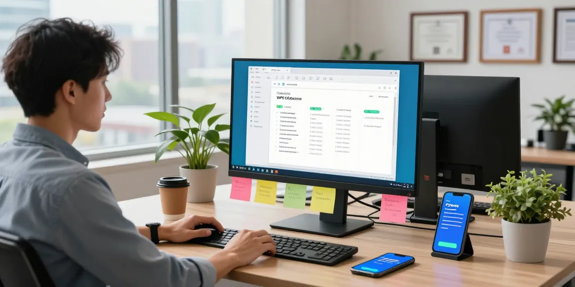 Download WPS Office in a modern office workspace with a professional engaging with productivity tools.