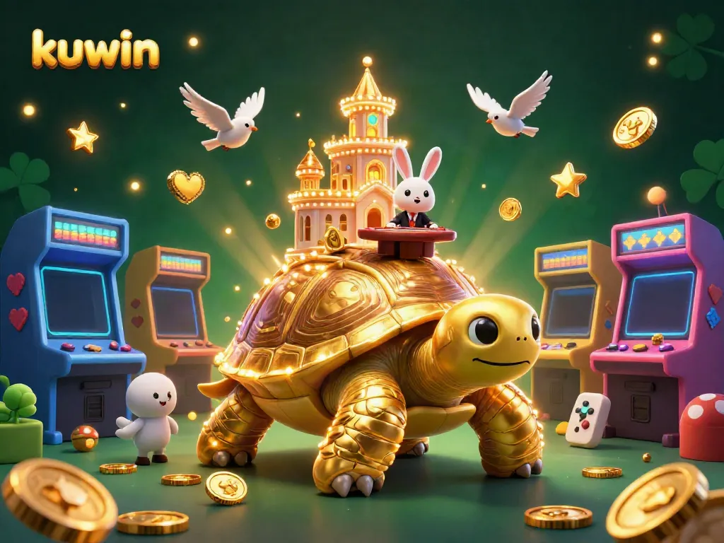 Play at Kuwin's casino with a golden tortoise and a rabbit dealer amid vibrant arcade elements.