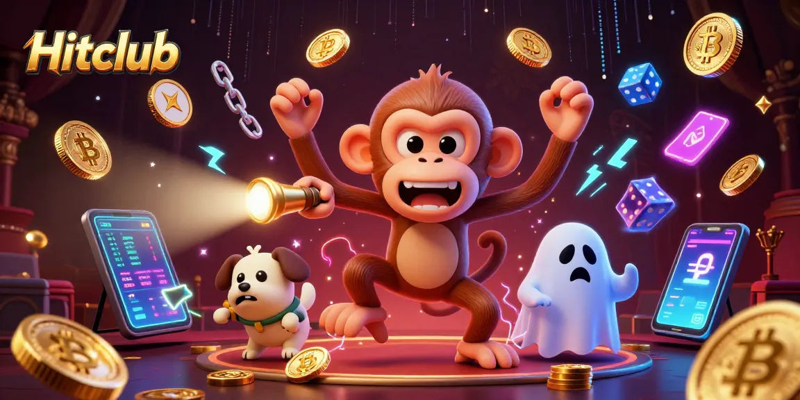 Engage in action with Hitclub, showcasing a playful monkey and curious puppy in a vibrant casino.
