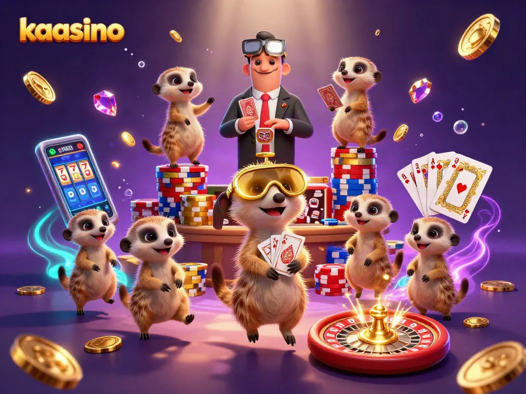 Kaasino showcases a dynamic scene of meerkats managing a casino, highlighting an exciting gambling atmosphere.