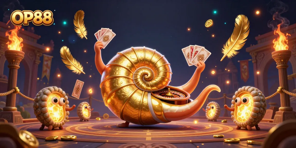 Experience thrilling gameplay at OP88 with a vibrant 3D casino scene featuring unique characters and gold elements.