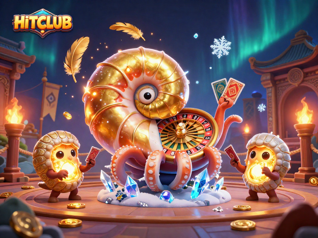 Engage with HITCLUB's vibrant casino atmosphere featuring a giant nautilus as a roulette wheel.
