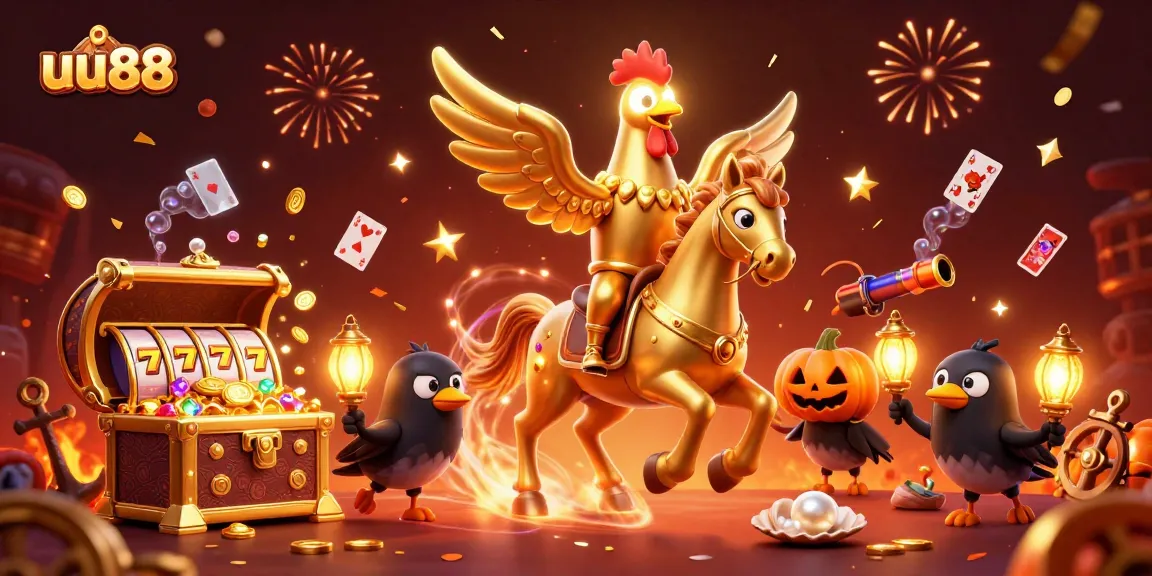 Experience the thrilling world of uu88 casino with golden rooster riding through a vibrant, rich 3D gaming scene.