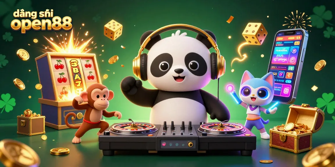 Engage in đăng ký open88 with a vibrant, dynamic 3D casino scene featuring cartoon characters and game elements.