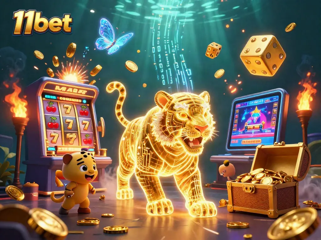 Experience the thrill of 11bet with golden tiger and dynamic casino elements in this vibrant illustration.