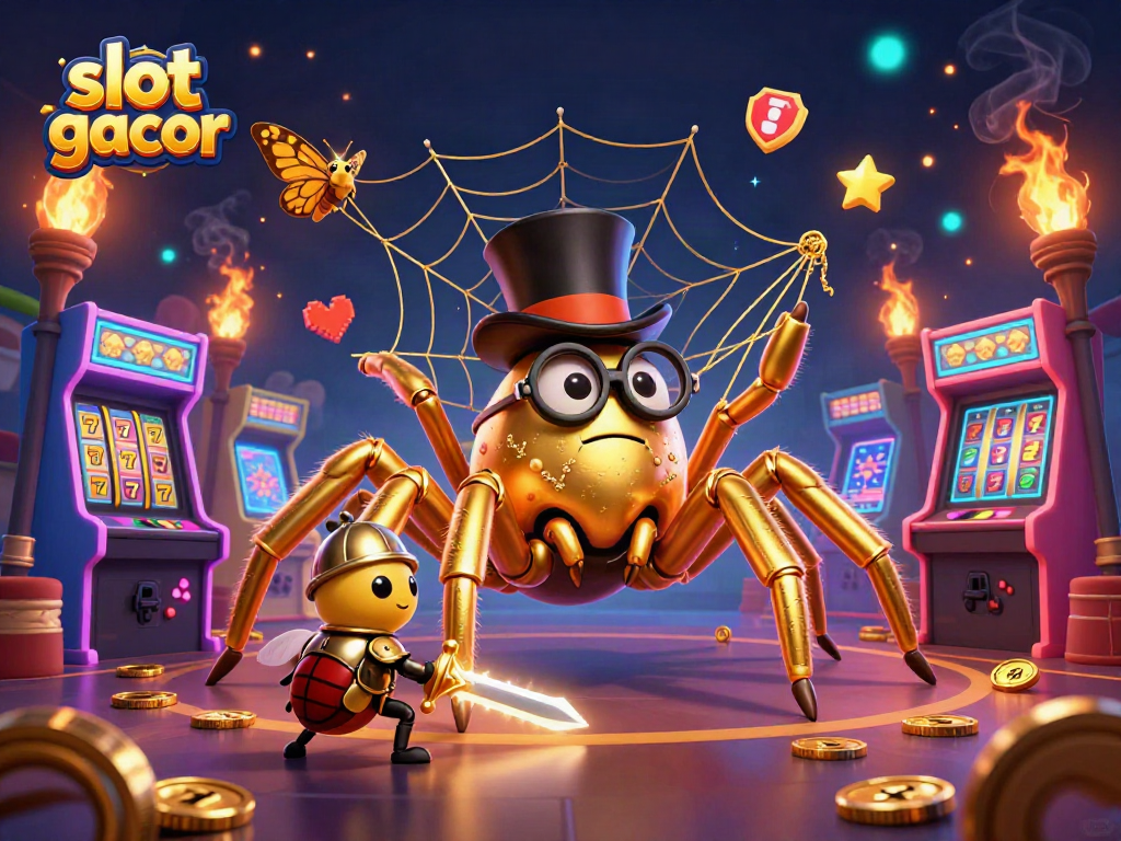 Engage with slot gacor gameplay in an exciting 3D illustration featuring casino elements and lively characters.