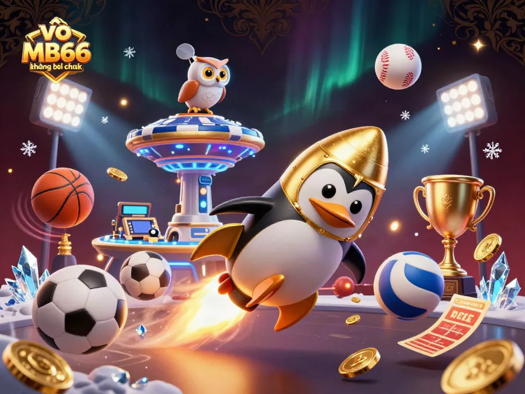 Bet at casino space station with the golden penguin in dynamic action, vào MB66 không bị chặn for seamless gameplay.