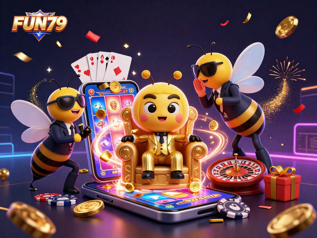 Fun79's thrilling casino experience with a bumblebee mob boss and neon slot games.