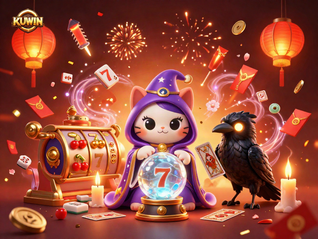 Engage with KUWIN's thrilling slots experience featuring vibrant casino elements and mystic characters.