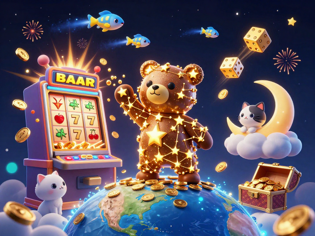 ZBET engages players with a vibrant scene of a constellation bear and casino elements, celebrating jackpots.