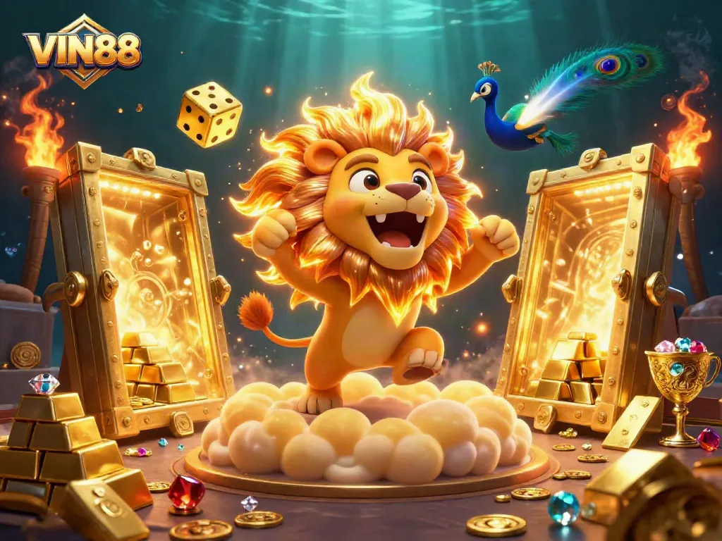 Experience thrilling rewards with VIN88, featuring a majestic lion and golden treasures amidst a 3D casino scene.