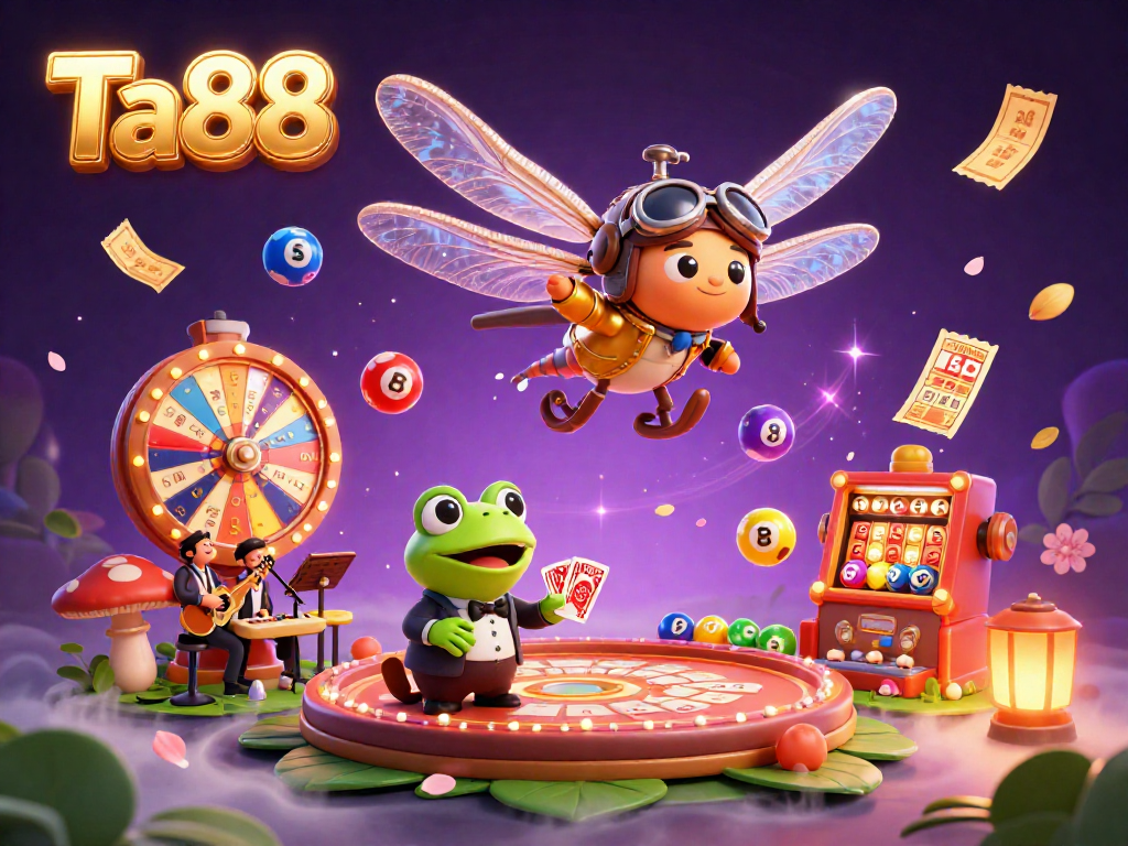 Experience the vibrant gaming world of Ta88 as a dragonfly pilot hovers over a lily pad casino.