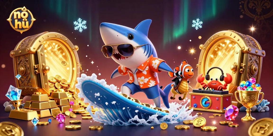 Experience nổ hũ action with vibrant characters amidst sparkling treasures and golden coins.