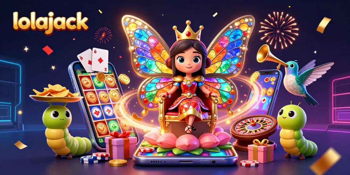 Win big with lolajack casino's vibrant gaming scene featuring slots, cards, and festive elements.