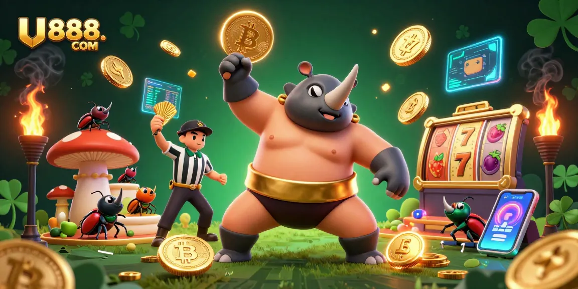 Experience the thrill of U888. COM with a vibrant illustration of a sumo champion beetle amidst dynamic casino elements.