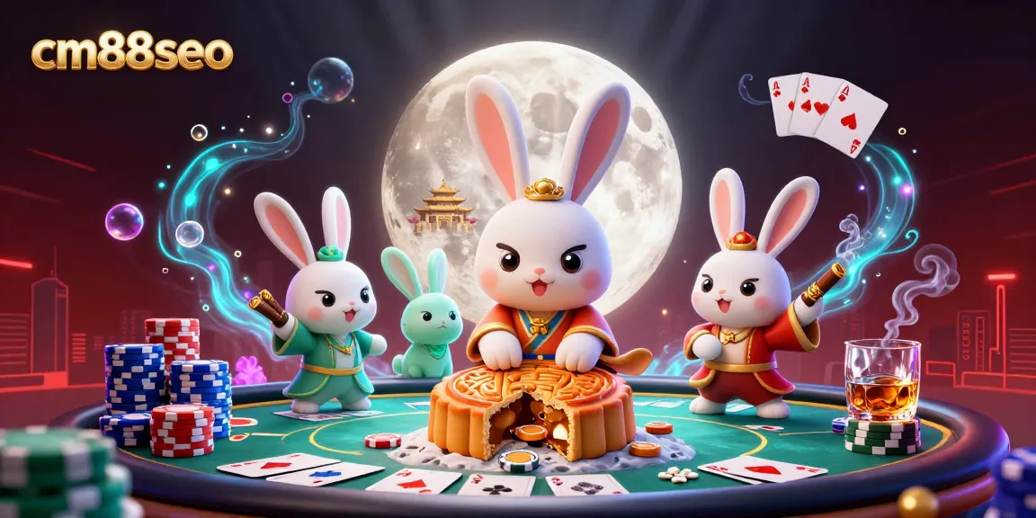 Engage with cm88seo for a vibrant 3D casino scene featuring poker chips and moon rabbits.